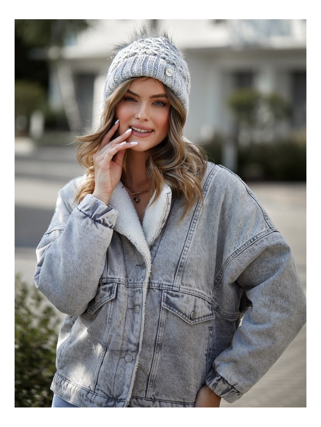 Warm winter hat with a pompom, light gray C37 - Online store - Boutique